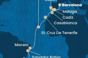 Španielsko, Portugalsko, Maroko, Kapverdy, Brazília z Barcelony na lodi Costa Diadema