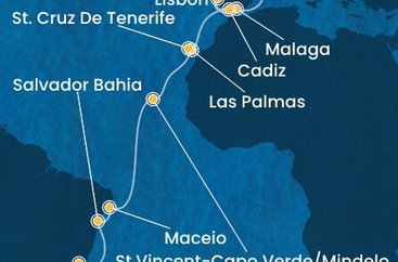 Španielsko, Portugalsko, Kapverdy, Brazília z Barcelony na lodi Costa Diadema