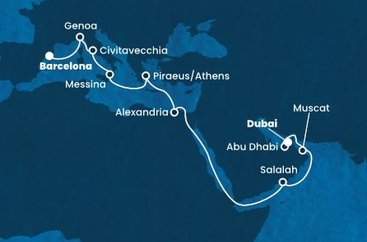 Španielsko, Taliansko, Grécko, Egypt, Omán, Spojené arabské emiráty z Barcelony na lodi Costa Smeralda