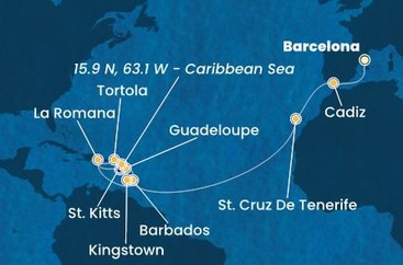 Španielsko, Barbados, Dominikánska republika, Svätý Vincent a Grenadiny, Guadeloupe, Svätý Krištof a Nevis, Britské Panenské ostrovy z Barcelony na lodi Costa Pacifica