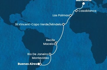 Španielsko, Maroko, Kapverdy, Brazília, Uruguaj, Argentína z Barcelony na lodi Costa Deliziosa