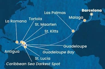 Španielsko, Guadeloupe, Svatý Martin, Dominikánska republika, Svätá Lucia, Antigua a Barbuda, Svätý Krištof a Nevis, Britské Panenské ostrovy z Barcelony na lodi Costa Fascinosa