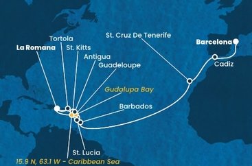 Španielsko, Barbados, Guadeloupe, Svätý Krištof a Nevis, Britské Panenské ostrovy, Dominikánska republika, , Svätá Lucia, Antigua a Barbuda z Barcelony na lodi Costa Fascinosa