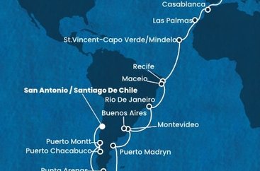 Španielsko, Maroko, Kapverdy, Brazília, Uruguaj, Argentína, Chile z Barcelony na lodi Costa Deliziosa