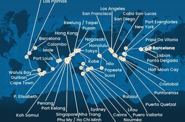 Španielsko, Portugalsko, USA, Bahamy, Panama, Kostarika, Guatemala, Mexiko, Francouzská Polynésie, Fiji, Nová Kaledonie, Austrália, Papua Nová Guinea, Japonsko, Južná Kórea, Tchaj-wan, Čína, Vietnam, Thajsko, Singapur, Malajzia, Srí Lanka, Maledivy, Maurícius, Juhoafrická republika, Namíbia, Kapverdy z Barcelony na lodi Costa Deliziosa