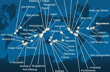 Španielsko, Portugalsko, USA, Bahamy, Panama, Kostarika, Guatemala, Mexiko, Havaj, Francouzská Polynésie, Fiji, Nová Kaledonie, Austrália, Papua Nová Guinea, Honšú, Kjúšú, Južná Kórea, Tchaj-wan, Čína, Vietnam, Thajsko, Singapur, Malajzia, Penang, Srí Lanka, Maledivy, Maurícius, Juhoafrická republika, Namíbia, Sao Vincente, Gran Canaria z Barcelony na lodi Costa Deliziosa