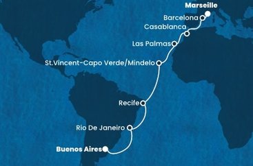 Argentína, Brazília, Kapverdy, Španielsko, Maroko, Francúzsko z Buenos Aires na lodi Costa Favolosa