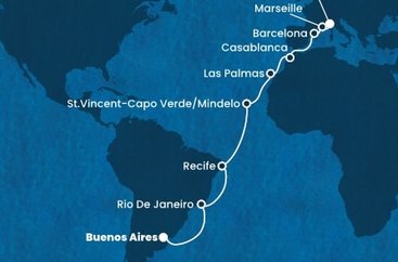 Argentína, Brazília, Kapverdy, Španielsko, Maroko, Francúzsko, Taliansko z Buenos Aires na lodi Costa Favolosa