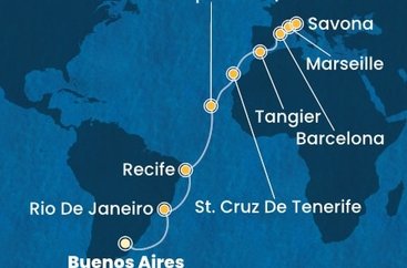 Argentína, Brazília, Kapverdy, Španielsko, Maroko, Francúzsko, Taliansko z Buenos Aires na lodi Costa Favolosa