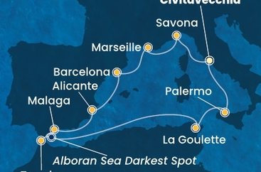 Taliansko, Francúzsko, Španielsko, Maroko, , Tunisko, Sicília z Civitavechie na lodi Costa Toscana