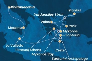 Taliansko, Sicília, Malta, Kréta, Grécko, Turecko z Civitavechie na lodi Costa Fortuna