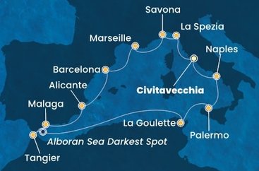 Taliansko, Francúzsko, Španielsko, Maroko, , Tunisko, Sicília z Civitavechie na lodi Costa Toscana