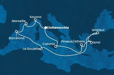Taliansko, Grécko, Turecko, Tunisko, Španielsko, Francúzsko z Civitavechie na lodi Costa Fortuna
