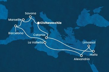 Taliansko, Izrael, Cyprus, Egypt, Malta, Španielsko, Francúzsko z Civitavechie na lodi Costa Diadema
