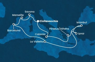 Taliansko, Grécko, Turecko, Malta, Španielsko, Francúzsko z Civitavechie na lodi Costa Diadema
