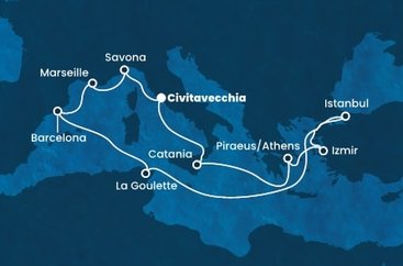 Taliansko, Grécko, Turecko, Tunisko, Španielsko, Francúzsko z Civitavechie na lodi Costa Fortuna