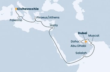 Taliansko, Grécko, Izrael, Omán, Katar, Spojené arabské emiráty z Civitavechie na lodi Costa Toscana