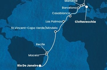 Taliansko, Francúzsko, Španielsko, Maroko, Kapverdy, Brazília z Civitavechie na lodi Costa Deliziosa