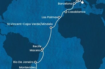 Taliansko, Francúzsko, Španielsko, Maroko, Kapverdy, Brazília, Uruguaj, Argentína z Civitavechie na lodi Costa Deliziosa