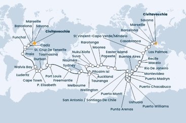 Taliansko, Francúzsko, Španielsko, Maroko, Kapverdy, Brazília, Uruguaj, Argentína, Chile, Zámořské území Velké Británie, Francouzská Polynésie, Cookovy ostrovy, Tonga, Fiji, Nová Kaledonie, Nový Zéland, Austrália, Maurícius, Madagaskar, Juhoafrická republika, Namíbia, Portugalsko z Civitavechie na lodi Costa Deliziosa