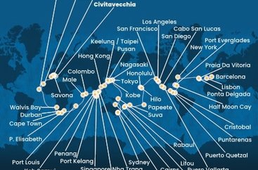 Taliansko, Francúzsko, Španielsko, Portugalsko, USA, Bahamy, Panama, Kostarika, Guatemala, Mexiko, Francouzská Polynésie, Fiji, Nová Kaledonie, Austrália, Papua Nová Guinea, Japonsko, Južná Kórea, Tchaj-wan, Čína, Vietnam, Thajsko, Singapur, Malajzia, Srí Lanka, Maledivy, Maurícius, Juhoafrická republika, Namíbia, Kapverdy z Civitavechie na lodi Costa Deliziosa