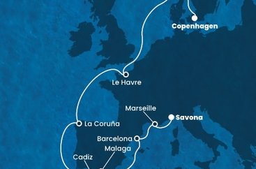 Dánsko, Nórsko, Francúzsko, Španielsko, Taliansko z Kodaně na lodi Costa Diadema