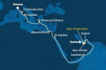 Katar, Spojené arabské emiráty, , Omán, Jordánsko, Egypt, Grécko, Taliansko z Dohy na lodi Costa Smeralda