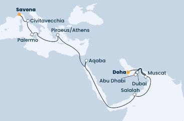Katar, Omán, Spojené arabské emiráty, Jordánsko, Grécko, Taliansko z Dohy na lodi Costa Toscana