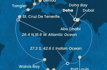 Katar, Spojené arabské emiráty, Maurícius, Juhoafrická republika, Namíbia, Španielsko, Maroko, Taliansko z Dohy na lodi Costa Smeralda