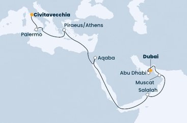 Spojené arabské emiráty, Omán, Jordánsko, Grécko, Taliansko z Dubaja na lodi Costa Toscana