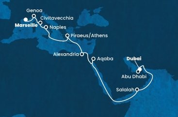 Spojené arabské emiráty, Omán, Jordánsko, Egypt, Grécko, Taliansko, Francúzsko z Dubaja na lodi Costa Smeralda
