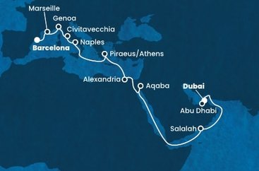 Spojené arabské emiráty, Omán, Jordánsko, Egypt, Grécko, Taliansko, Francúzsko, Španielsko z Dubaja na lodi Costa Smeralda