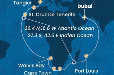 Spojené arabské emiráty, Maurícius, Juhoafrická republika, Namíbia, Španielsko, Maroko z Dubaja na lodi Costa Smeralda