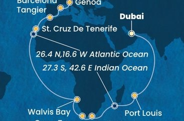Spojené arabské emiráty, Maurícius, Juhoafrická republika, Namíbia, Španielsko, Maroko, Taliansko z Dubaja na lodi Costa Smeralda