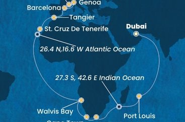 Spojené arabské emiráty, Maurícius, Juhoafrická republika, Namíbia, Španielsko, Maroko, Taliansko, Francúzsko z Dubaja na lodi Costa Smeralda