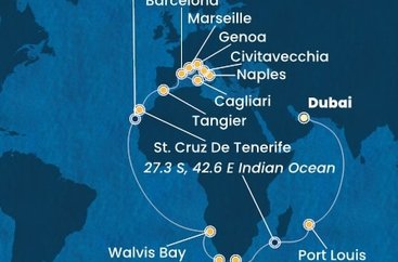 Spojené arabské emiráty, Maurícius, Juhoafrická republika, Namíbia, Španielsko, Maroko, Taliansko, Francúzsko z Dubaja na lodi Costa Smeralda