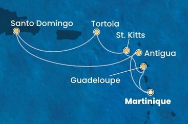 Martinik, Guadeloupe, Svätý Krištof a Nevis, Britské Panenské ostrovy, Dominikánska republika, Antigua a Barbuda z Fort de France, Martinik na lodi Costa Favolosa