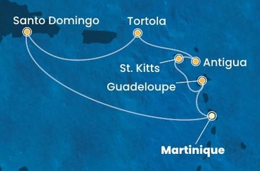 Martinik, Guadeloupe, Svätý Krištof a Nevis, Antigua a Barbuda, Britské Panenské ostrovy, Dominikánska republika z Fort de France, Martinik na lodi Costa Favolosa