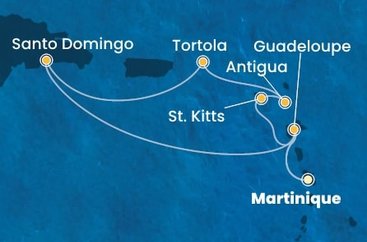 Martinik, Guadeloupe, Svätý Krištof a Nevis, Antigua a Barbuda, Britské Panenské ostrovy, Dominikánska republika z Fort de France, Martinik na lodi Costa Favolosa