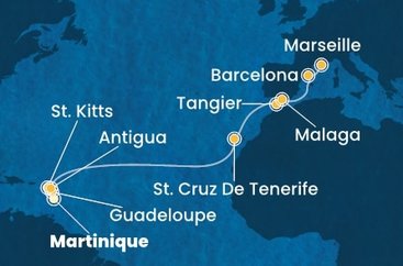 Martinik, Guadeloupe, Svätý Krištof a Nevis, Antigua a Barbuda, Španielsko, Maroko, Francúzsko z Fort de France, Martinik na lodi Costa Favolosa