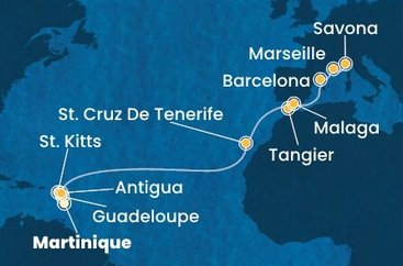 Martinik, Guadeloupe, Svätý Krištof a Nevis, Antigua a Barbuda, Španielsko, Maroko, Francúzsko, Taliansko z Fort de France, Martinik na lodi Costa Favolosa