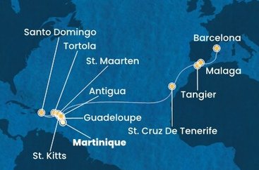 Martinik, Guadeloupe, Svätý Krištof a Nevis, Britské Panenské ostrovy, Dominikánska republika, Svatý Martin, Antigua a Barbuda, Španielsko, Maroko z Fort de France, Martinik na lodi Costa Favolosa