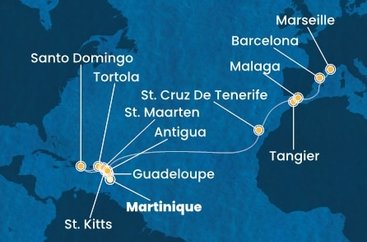 Martinik, Guadeloupe, Svätý Krištof a Nevis, Britské Panenské ostrovy, Dominikánska republika, Svatý Martin, Antigua a Barbuda, Španielsko, Maroko, Francúzsko z Fort de France, Martinik na lodi Costa Favolosa