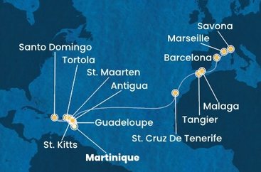 Martinik, Guadeloupe, Svätý Krištof a Nevis, Britské Panenské ostrovy, Dominikánska republika, Svatý Martin, Antigua a Barbuda, Španielsko, Maroko, Francúzsko, Taliansko z Fort de France, Martinik na lodi Costa Favolosa