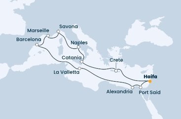 Izrael, Egypt, Malta, Španielsko, Francúzsko, Taliansko, Grécko z Haify na lodi Costa Pacifica