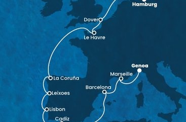 Nemecko, Veľká Británia, Francúzsko, Španielsko, Portugalsko, Taliansko z Hamburgu na lodi Costa Favolosa