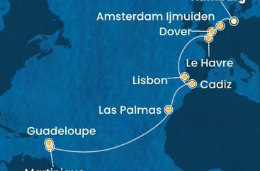 Nemecko, Holandsko, Veľká Británia, Francúzsko, Portugalsko, Španielsko, Martinik, Guadeloupe z Hamburgu na lodi Costa Favolosa