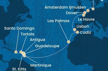 Nemecko, Holandsko, Veľká Británia, Francúzsko, Portugalsko, Španielsko, Martinik, Guadeloupe, Svätý Krištof a Nevis, Antigua a Barbuda, Britské Panenské ostrovy, Dominikánska republika z Hamburgu na lodi Costa Favolosa