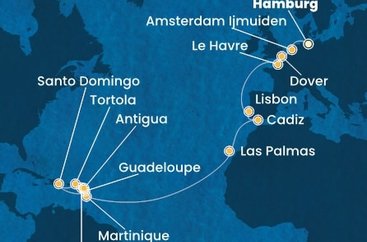 Nemecko, Holandsko, Veľká Británia, Francúzsko, Portugalsko, Španielsko, Martinik, Guadeloupe, Svätý Krištof a Nevis, Antigua a Barbuda, Britské Panenské ostrovy, Dominikánska republika z Hamburgu na lodi Costa Favolosa