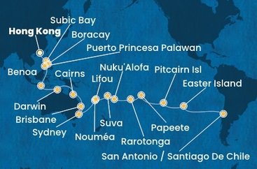 Čína, Filipíny, Indonézia, Austrália, Nová Kaledonie, Fiji, Tonga, Cookovy ostrovy, Francouzská Polynésie, Zámořské území Velké Británie, Chile z Hong Kongu na lodi Costa Serena